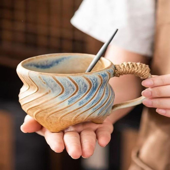 Handmade Ceramic Mug 320ml Vintage Tea Coffee Cup with Rattan Handle Creative Spiral Design Gradient Glaze Drinkware Home Decor Gifts Handmade Ceramic Mug 320ml Vintage Tea Coffee Cup with Rattan Handle Creative Spiral Design Gradient Glaze Drinkware Home Decor Gifts