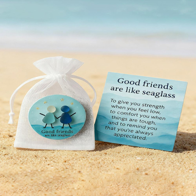 Friendship Sea Glass Christmas Ornament Inspirational Card with Acrylic Charm in Mesh Bag Meaningful Gift for Best Friends Lasting Bonds