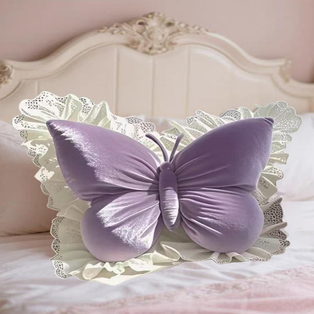 Butterfly Throw Pillow Plush Butterfly Shaped Pillow with Lace Edge Decorative Cute Stuffed Hugging Pillow for Sofa Couch Bed Car Lumbar Support