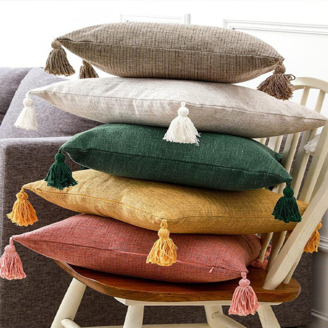 Boho Pillow Cover with Tassels Farmhouse Throw Pillow Case Decorative Pillowcase with Hidden Zipper for Home Living Room Couch Sofa Bedroom 