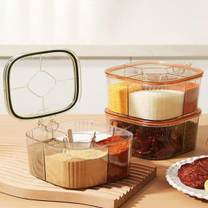 Kitchen Seasoning Jar with Spoon Slot Multi-Compartment Salt Pepper Organizer Transparent Seasoning Box