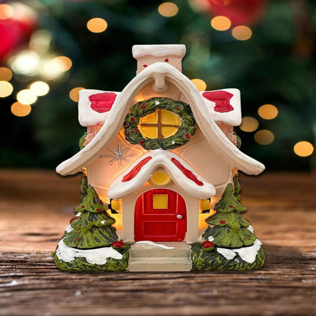 Mini Christmas House Figurine Small Resin Snowy Village House Statue with Wreath And Pine Trees for Fairy Garden Holiday Decor Micro Landscape