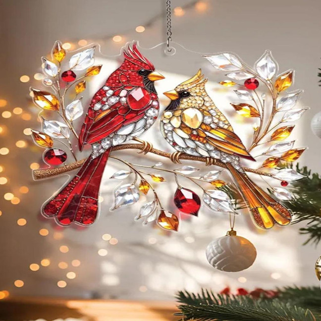 Red Bird Suncatcher Stained Glass Bird Couple Window Wall Door Hanging Ornament Memorial Gifts for Women Couples Bird Lovers