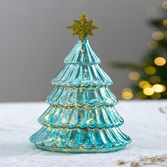 Illuminated Glass Christmas Tree Tabletop Light Up Christmas Tree Figurine for Xmas Home Party Centerpiece Tabletop Mantel Decor