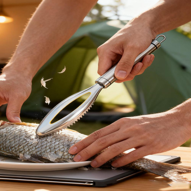 Stainless Steel Fish Scale Remover with Sharp Sawtooth Ergonomic Handle Manual Fish Scale Descaler Descaling Removal Tools Kitchen Gadgets 