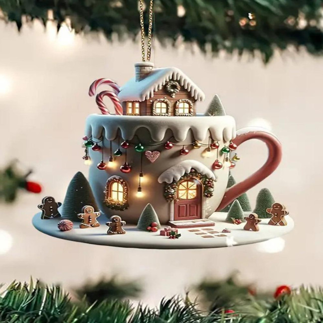 Coffee Cup Christmas Tree Ornaments 2D Acrylic Winter Snow House Hot Chocolate Mug Shape Hanging Decoration for Holiday Tree Decor