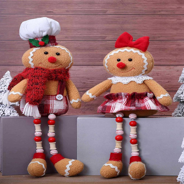 Christmas Doll Large Size Plush Gingerbread Man Boy Girl Figures with Chef Hat Bowknot Ornament Window Holiday Xmas Decoration