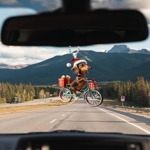 Christmas Ornament Funny Bicycle Dog Pendant Acrylic 2D Cartoon Animal Hanging Decoration for Xmas Tree Home Car Decor