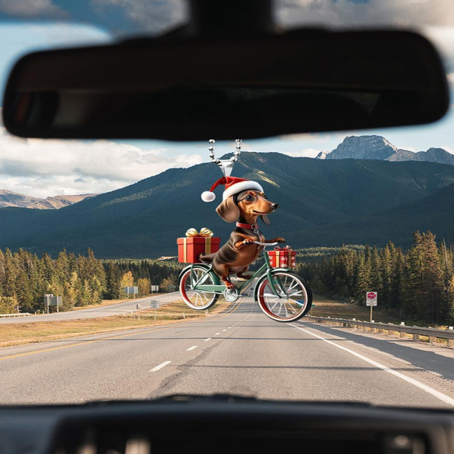 Christmas Ornament Funny Bicycle Dog Pendant Acrylic 2D Cartoon Animal Hanging Decoration for Xmas Tree Home Car Decor