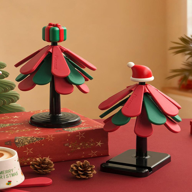 Christmas Tree Silicone Trivet Heat Resistant Pot Holder for Hot Pans Non-Slip Foldable Mat for Kitchen Dining Decor