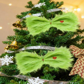 Christmas Green Furry Bow for Tree Large Green Furry Hair Bow with Red Heart Christmas Costume Accessories for Women Girls