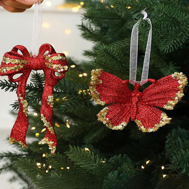 Glitter Sequined Christmas Ornament Red Snowflake/Butterfly/Star/Reindeer/Ballerina Hanging Decoration for Xmas Tree Doors Windows Walls Holiday Home Decor
