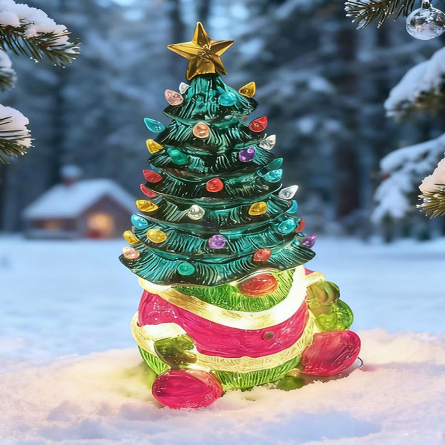 10 Inch Lighted Christmas Gnome Tree Resin Reindeer/Santa Dog Gnome Tree with LED Light for Home Office Fireplace Mantel Tabletop Decor 