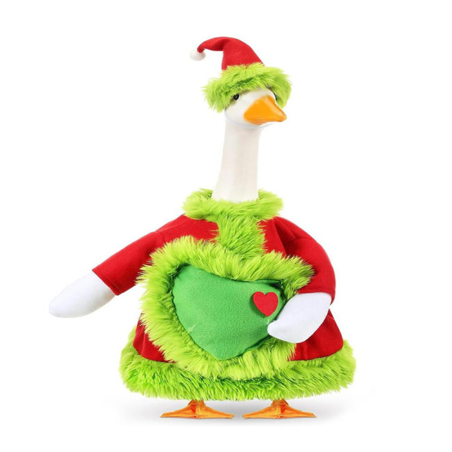 Christmas Goose Outfit Santa Claus Goose Costume Xmas Hat And Coat with Fuzzy Green Edge for Winter Holiday 23 Inch Garden Goose Statue Decoration