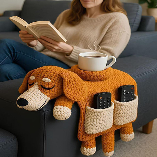 Dog Sofa Arm Organizer Crochet Dog Sofa Armrest Organizer with 2 Pockets And 1 Mug Holder Handmade Dog Shaped Armchair Remote Control Caddy for Phone Treats Cup Dog Sofa Arm Organizer Crochet Dog Sofa Armrest Organizer with 2 Pockets And 1 Mug Holder Handmade Dog Shaped Armchair Remote Control Caddy for Phone Treats Cup