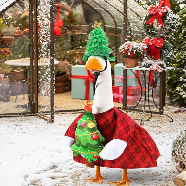 Christmas Porch Goose Outfit Lawn Goose Dress with Xmas Tree Hat Festive Goose Costume for 23