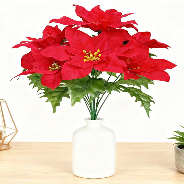 Simulated Flowers Lifelike Plant with Green Leaves Red Flower Flannel Christmas Fake Foliage Home Office Decor 