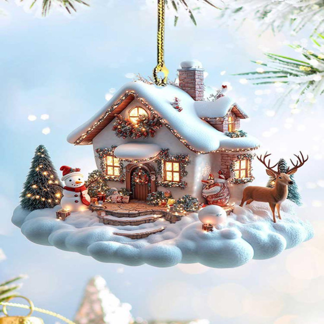 Snow Village House Ornament Rustic Log Cabin Hanging Ornament 2D Acrylic Cottage with Snow Scene for Winter Wonderland Xmas Tree Decor