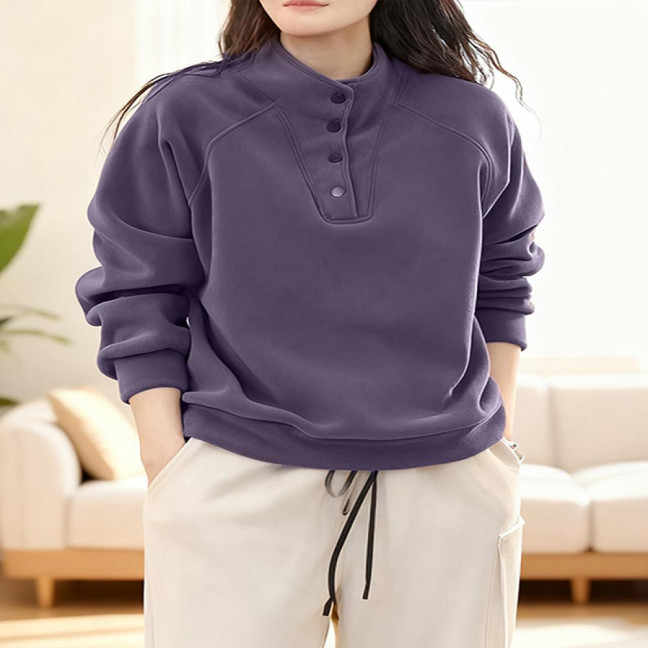 Women's Fleece Sweatshirts Long Sleeve Button Up Pullover Top Casual Stand Collar Warm Outfits for Fall Winter