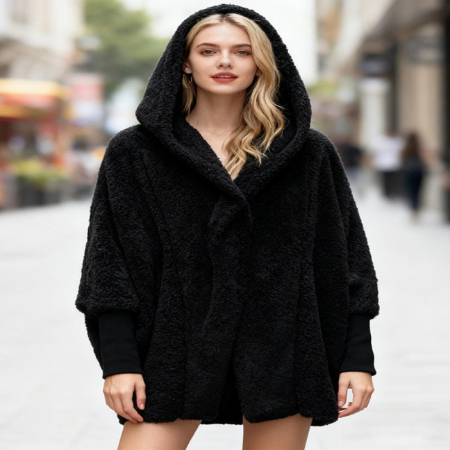 Women's Fuzzy Hooded Cardigan Oversized Fleece Jacket Open Front Sherpa Coat Fall Winter Outwear with Pockets