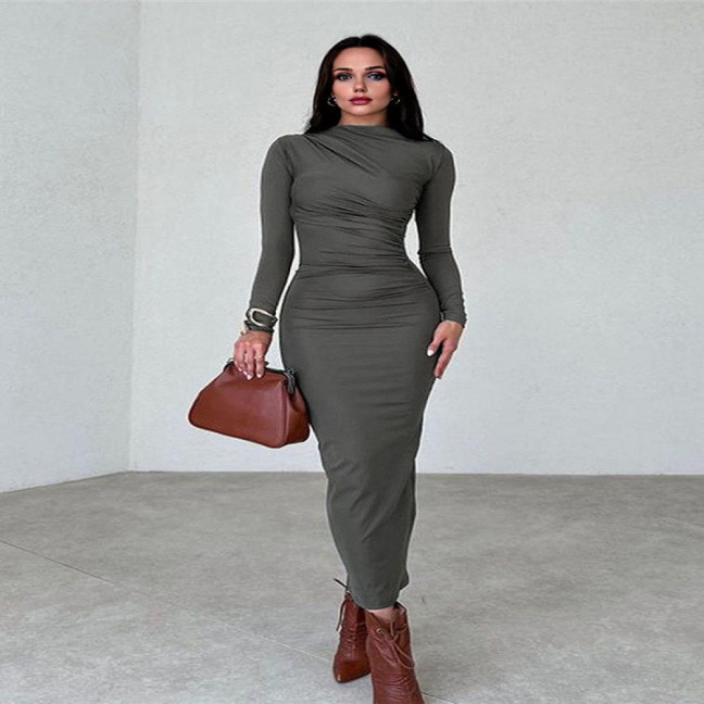 Bodycon Dress for Women Mock Neck Long Sleeve Midi Dress Ruched Slim Fit Party Cocktail Formal Dress Fall Wedding Guest Dress