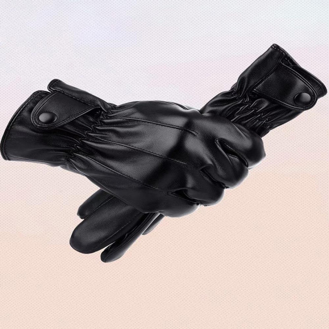 Winter Cycling Gloves Men Women Black Faux Leather Wind Resistant Gloves Warm Fleece Lined Gloves for Driving Outdoor Activities