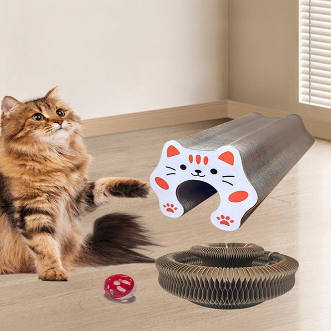 Flexible Accordion Cat Toy Changeable Cat Scratching Board with Bell Ball Portable Foldable Scratching Toy for Indoor Cats Entertainment Exercise