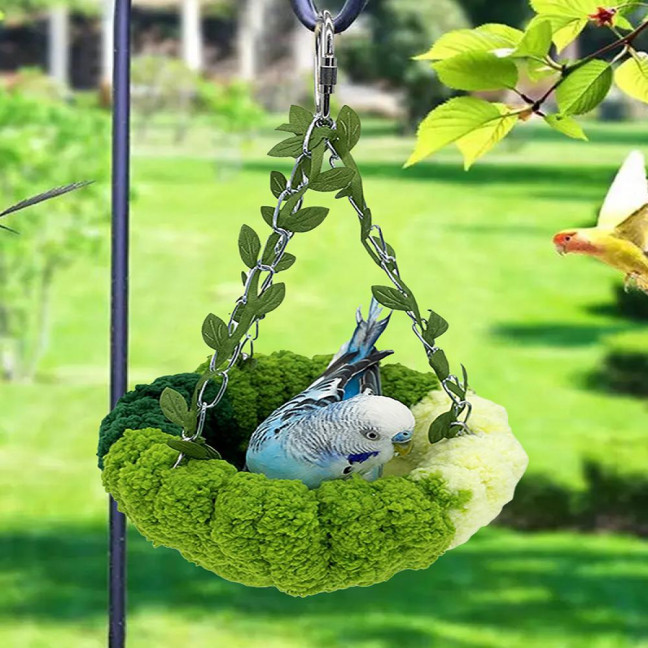 Hanging Parrot Nest Birdcage Plush Birds Bed with Leaves Hook Indoor Green Breeding Nest for Parakeet Conure Budgie Cockatiel Lovebird