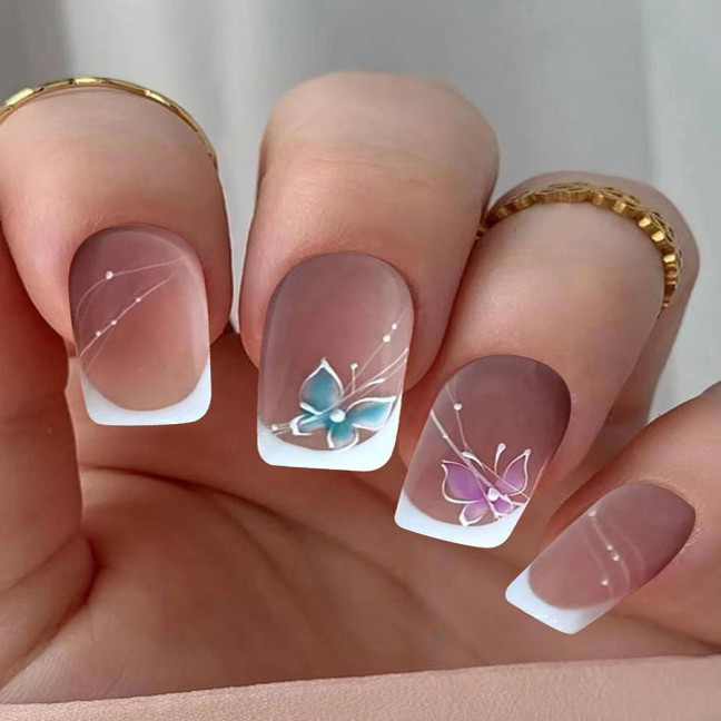 24Pcs Butterfly Fake Nails French Square Long Nail Extension Removable Home Salon Women Girls Full Cover Plastic Press on Nails Kit 24Pcs Butterfly Fake Nails French Square Long Nail Extension Removable Home Salon Women Girls Full Cover Plastic Press on Nails Kit